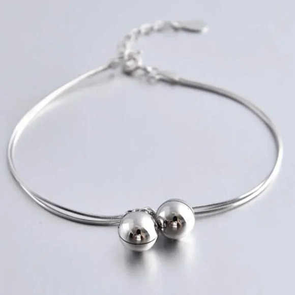 925 Sterling Silver Dangle Ball Charm Bracelet Double Layer Snakechain Bracelet - Picture 3 of 6